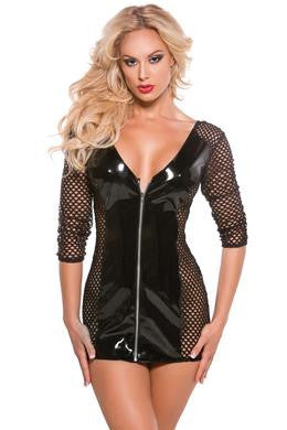 Vinyl and Fishnet Dress - Black - One Size