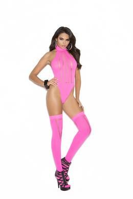 Opaque and Sheer Teddy and Stockings - Pink - One Size