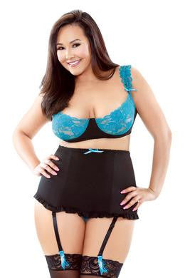 Lace Bra and High Waist Garter Panty - Black-teal - 3x - 4x
