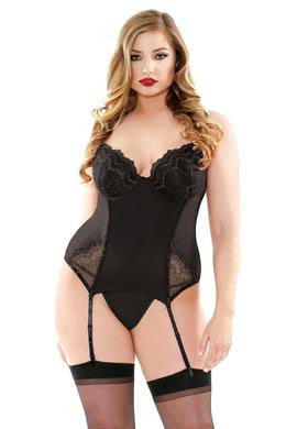 Embroidered Bustier and G-string - Black - 1x - 2x