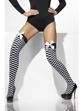 Opaque Hold-ups Check Print and Bows - One Size