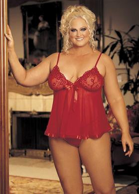 Sequin Embroidery and Sheer Net Babydoll - Red - Queen Size