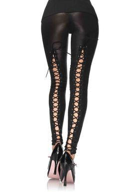Wet Look Leggings with Elastic Lace-up Back - Medium - Black