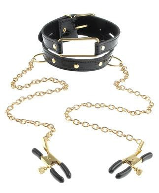 Fetish Fantasy Gold Collar and Nipple Clamps - Black