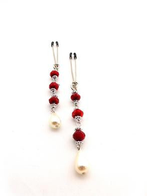 Nipple Clamp - Tweezer Chrome - Red Beads - Pearl Drop