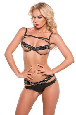 Faux Leather Bra and Panty Set  - Black - One Size