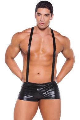 Wet Look Suspender Shorts -  Black - One Size