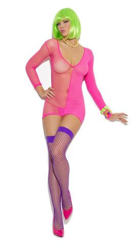 Long Sleeve Mini Dress - Neon Pink - One Size