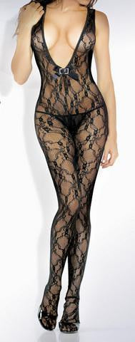 Lace Floral Deep-V Bodystocking With Rhinestone - Black - Queen