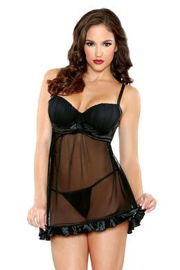 Shirred Cup Babydoll and  Panty Set - Black - Small-Medium