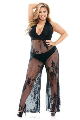 Curve Nicki Stretch Micro & Lace Halter Jumpsuit with Panty - Plus Size 1x-2x