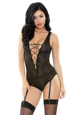 Romp Bianca Geo Lace Gartered Teddy - Small-medium