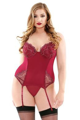 Metallic Embroidered Bustier  Set - Burgundy - 1x-2x