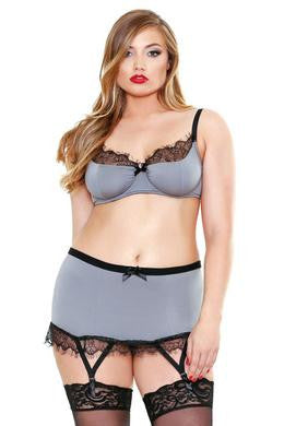 Eyelash Lace Trim Bra Set -  Grey - 1x-2x