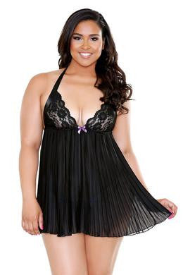 Pleated Halter Lace Up Cup  Chemise Set - Black - 1x-2x