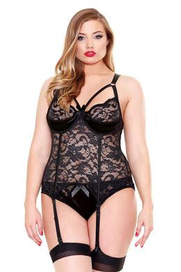 Lace and Satin Bustier Set -  Black - 1x-2x