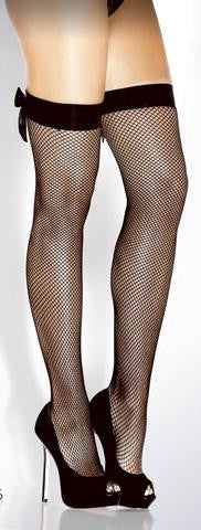 Fishnet Thigh High With Satin Bows - Black