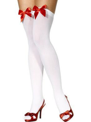 Thigh High Stockings with  Red Bow - White