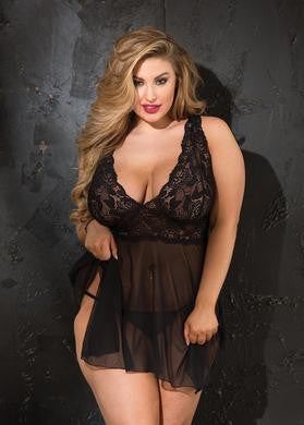 Stretch Lace & Stretch Mesh Baby Doll - Black - Queen Size