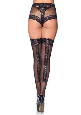 2 Pc. Lace Trimmed Corset Lace Up Back Thigh Highs with Matching Panties - One Size