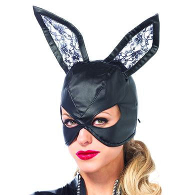 Faux Leather Bunny Mask with Lace Ears - Black