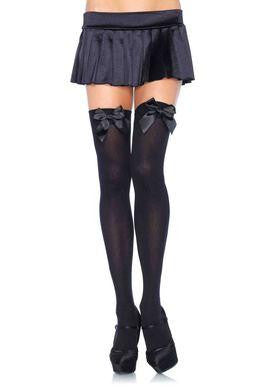 Opaque Thigh Highs with Satin Bow Accent - Black - One Size