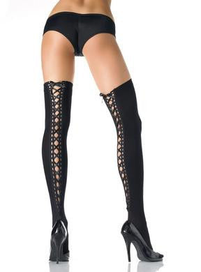 Opaque Thigh Highs Satin Lace  Up - Black - One Size