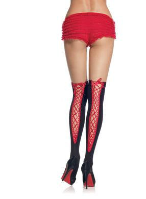 Opaque Thigh Highs Satin Lace  Up - Black-red - One Size