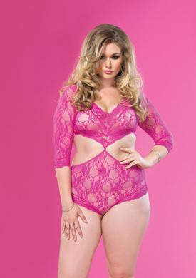 Floral Lace Deep-v Teddy - Pink - Queen Size