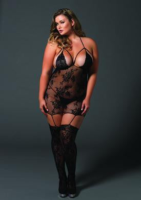 Lace Cage Strap Suspender Bodystocking - Black - Queen Size