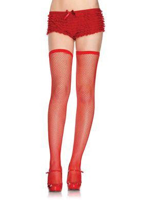 Elastic Top Fishnet Thigh Highs - Red - One Size