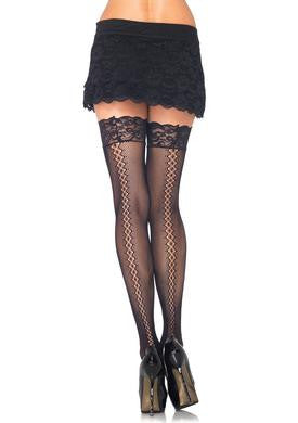 Micro Net Thigh Highs with Diamond Twist Backseam - Black - One Size