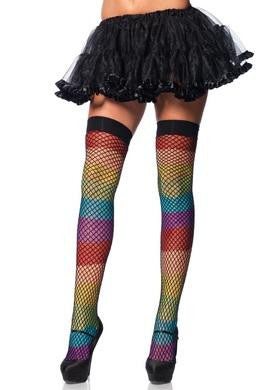 Rainbow Thigh Highs with  Fishnet Overlay - One Size