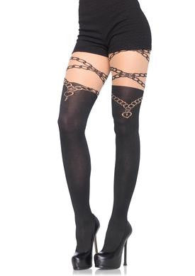 Lock and Key Opaque Pantyhose with Chain Thigh Detail - One Size