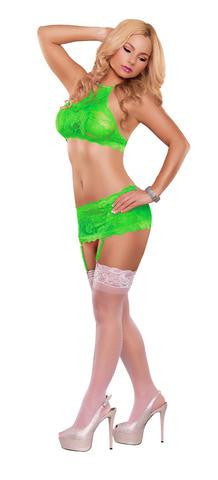 Crop Top Garter Skirt And G-String Set - Neon Lime - Large-Extra Large