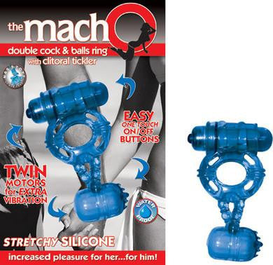 The Macho Double Blue Cock and Balls Ring with Clitoral Tickler - Blue