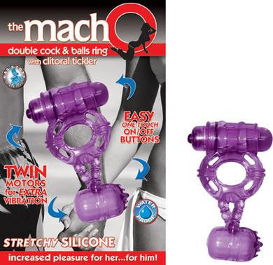 The Macho Double Cock and Balls Ring with Clitoral Tickler - Purple