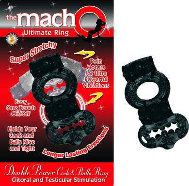 The Macho Collection Double Power Cock and Balls Ring- Black