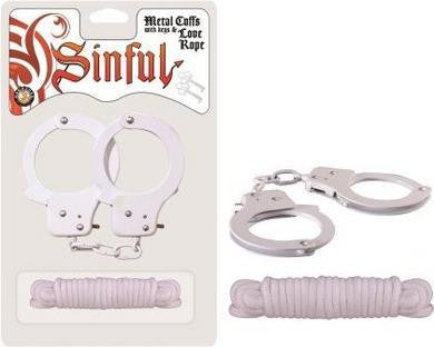 Sinful Metal Cuffs with Keys & Love Rope - White