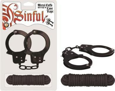 Sinful Metal Cuffs with Keys & Love Rope - Black