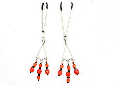 Chrome Tweezer Nipple Clamps with Red and Black Beads