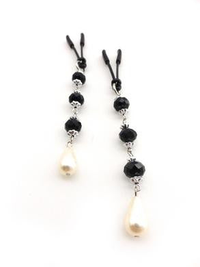 Nipple Clamp - Short Tweezer  - Black - Black Beads  -  Pearl Drop