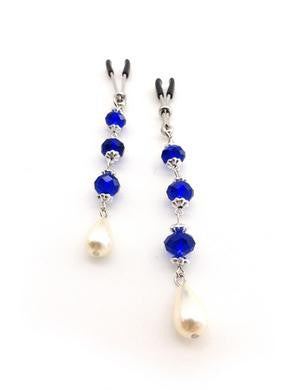 Nipple Clamp - Tweezer -  Chrome - Blue Beads - Pearl  Drop