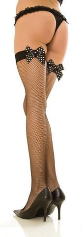 Fishnet Thigh Highs with Printed Bows Black