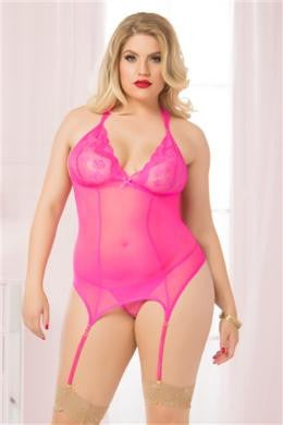 Lace and Mesh Bustier with Thong - Pink - One Size Queen