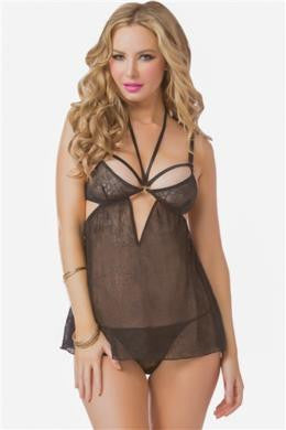 Lace Babydoll and Thong with Halter Necklace - Black - One Size