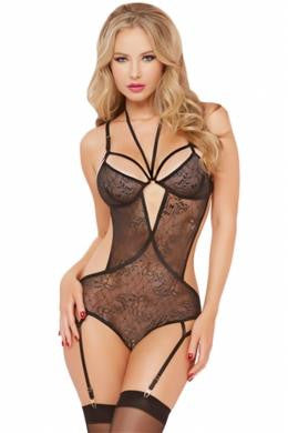 Lace Teddy with Halter Necklace with Garter - Black - One Size