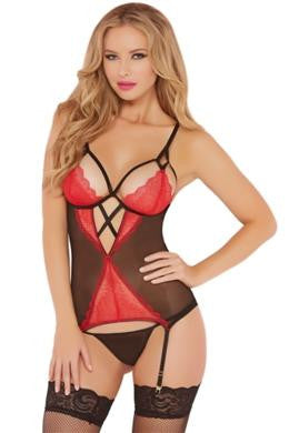 Lace Cami and Thong Set with Garters - Red - One Size