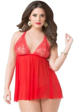 Lace and Mesh Babydoll and Thong Set - Red - One Size Queen