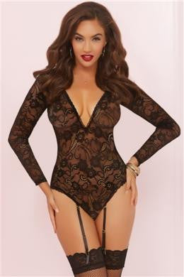 Long Sleeve Teddy with Garters - Black - One Size